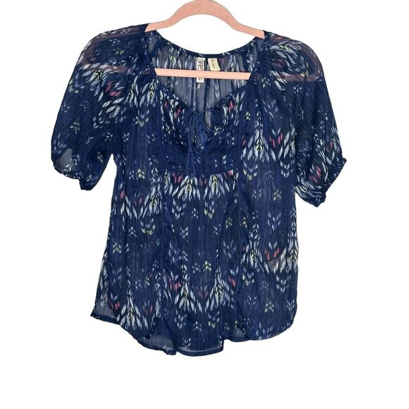 Mudd Sheer Blue Boho Print Blouse XS Short Puff Sleeves Tie Front Y2K - Picture 1 of 9